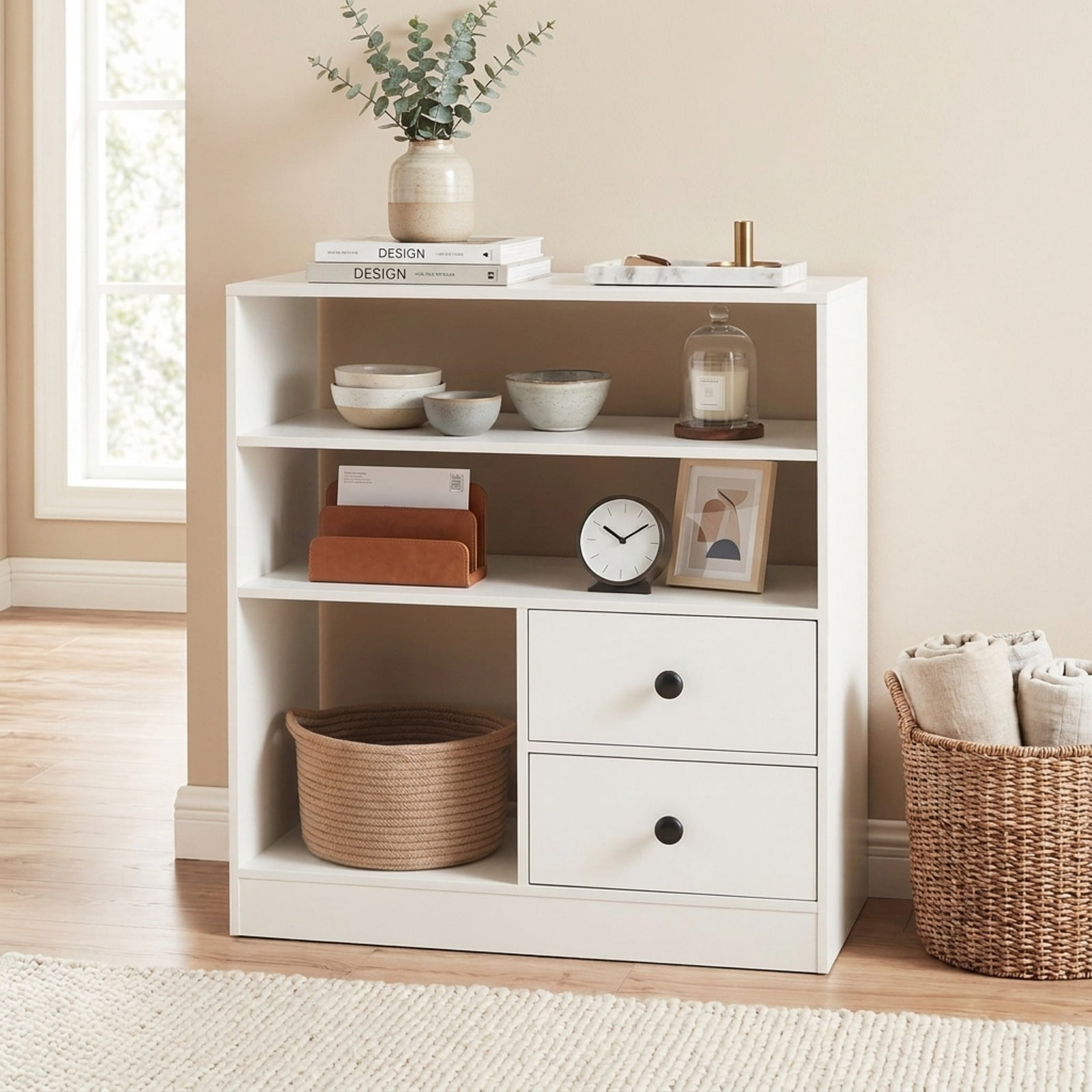 Furnibear Open Accent Cabinet with 2 Drawers 3 Compartments and Countertop Bookshelf Storage for Entryway Living Room and Bedroom, White