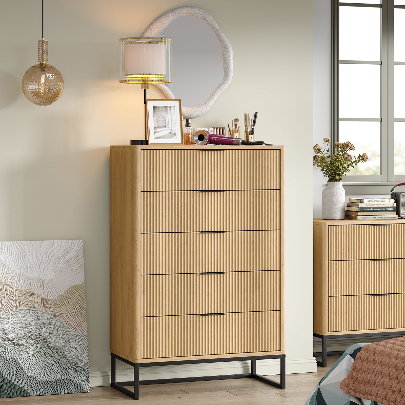 Furnihold Fluted 5 Drawers Dresser,Storage Drawers,Modern Closet Dressers Chest of Drawers, Wood Storage Dresser Organizer for Bedroom