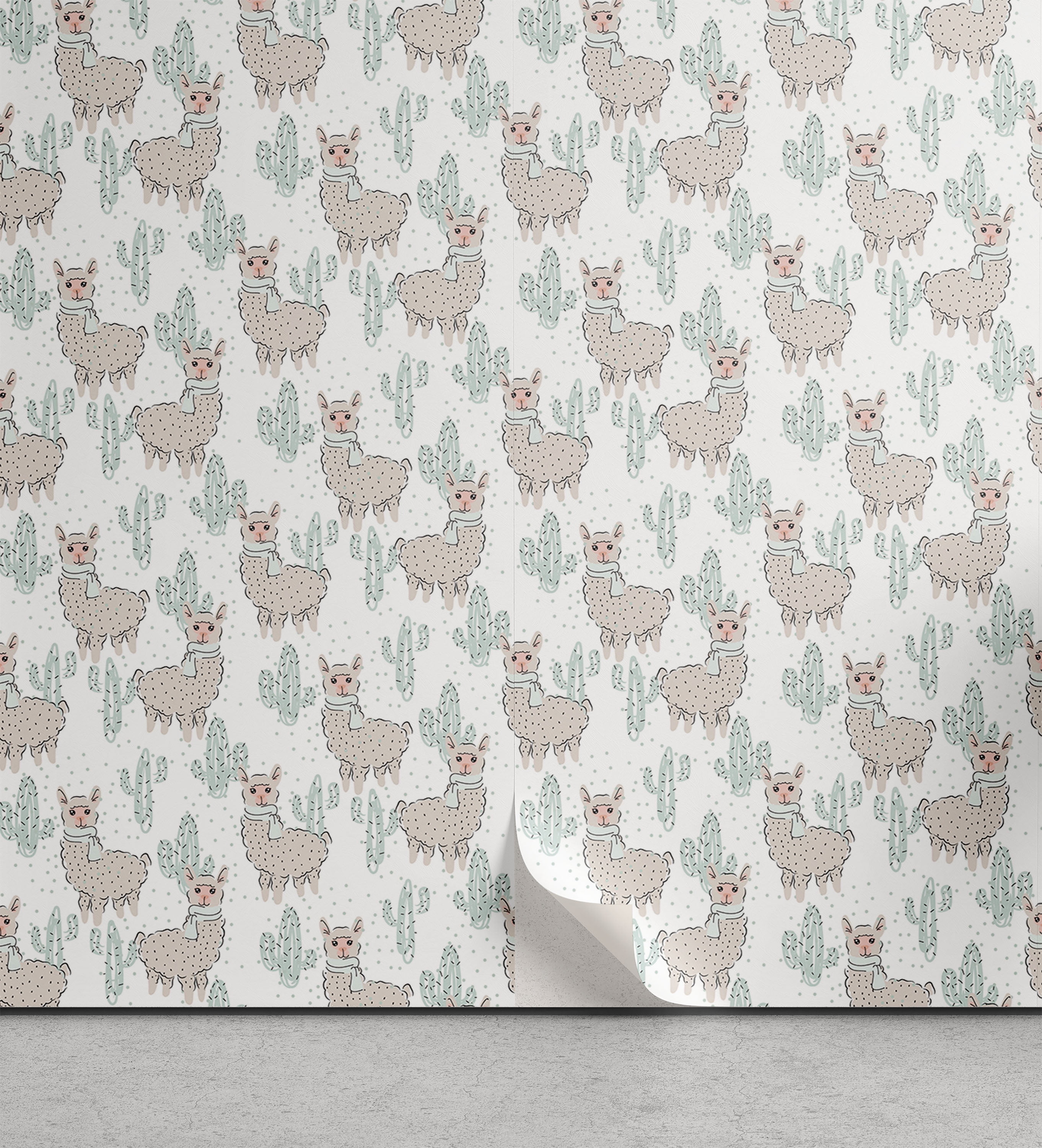 Animal Print Peel & Stick Wallpaper, Cartoon of Llama with Scarf and  Cactus, Self-Adhesive Living Room Kitchen Accent, 3 Sizes, Eggshell Blue,  by Ambesonne 