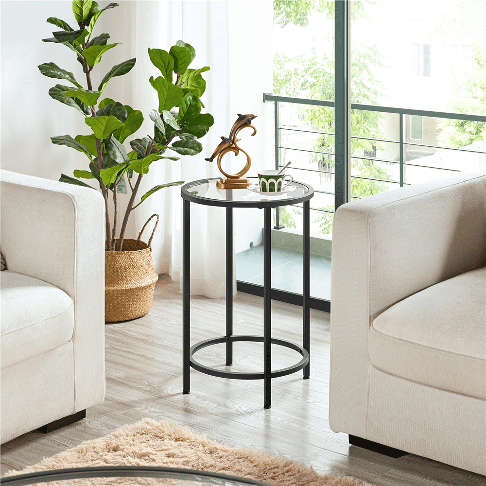 Alden Design Round Metal End Table with Glass Top for Livingroom, Set of 2, Black