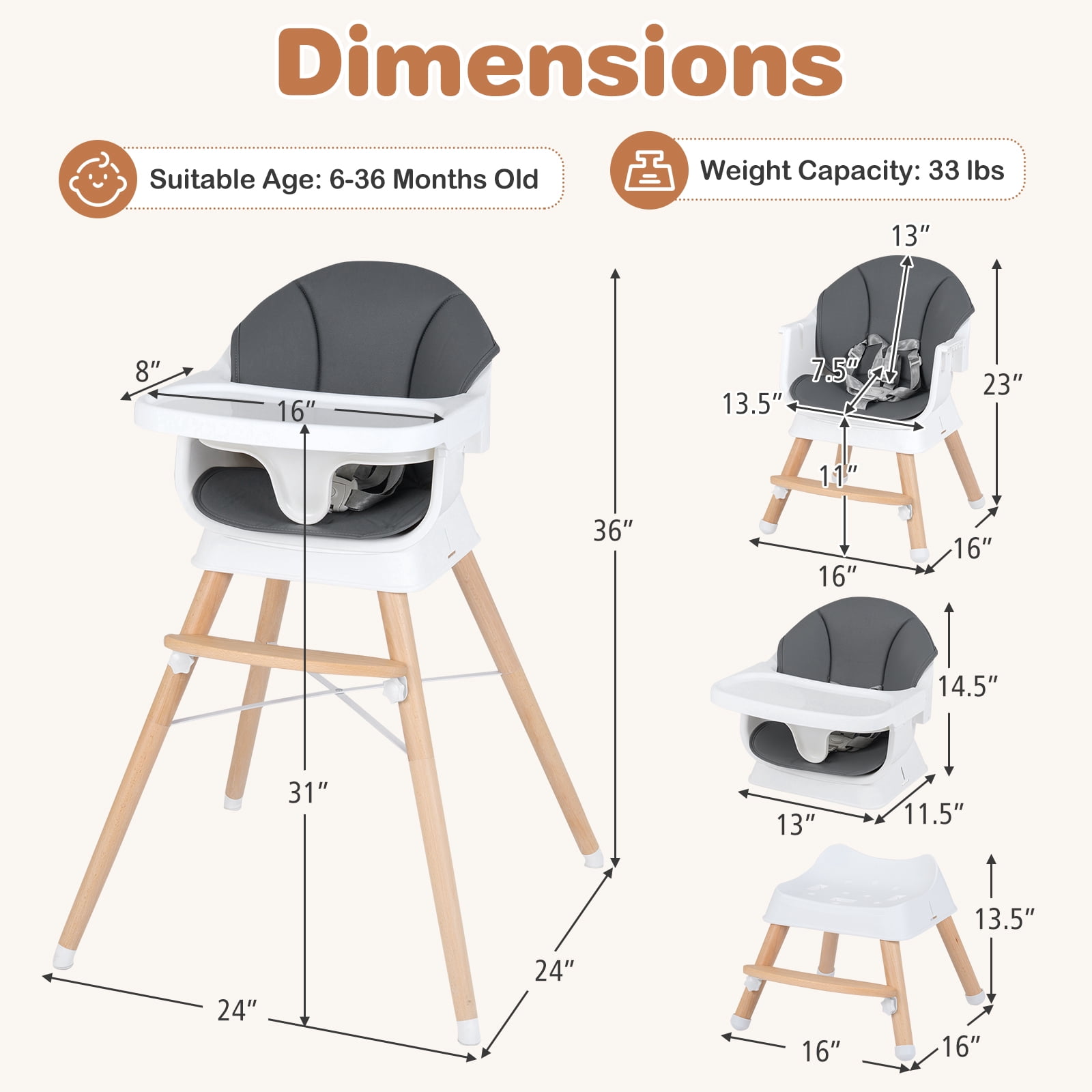 Costway Solid Wood Baby Feeding Chair Convertible High Chair for Babies & Toddlers