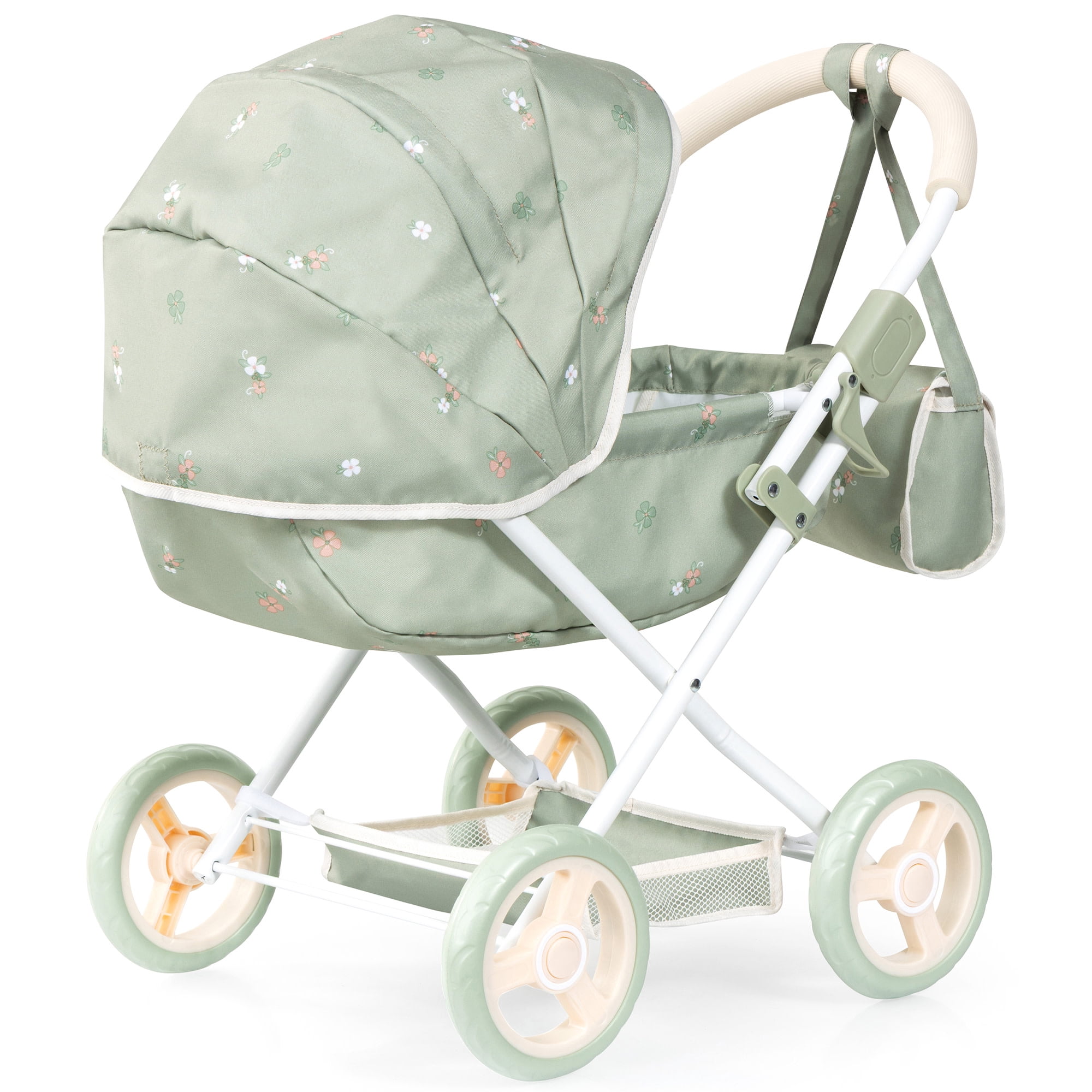 Bayer Design: Doll Pram Cosy - Green & Flowers - Play Push Stroller, Handbag, Blanket & Pillow, Folding, Toy Care Accessory Fits 18" Dolls, Kids 3+