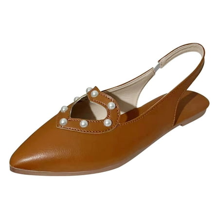 

KIJBLAE Women Pearl Flats Sandals Flat Shoes Summer Beach Shoes Slip-On Pointed Toe Slingback Sandals Ladies Shoes Brown 41