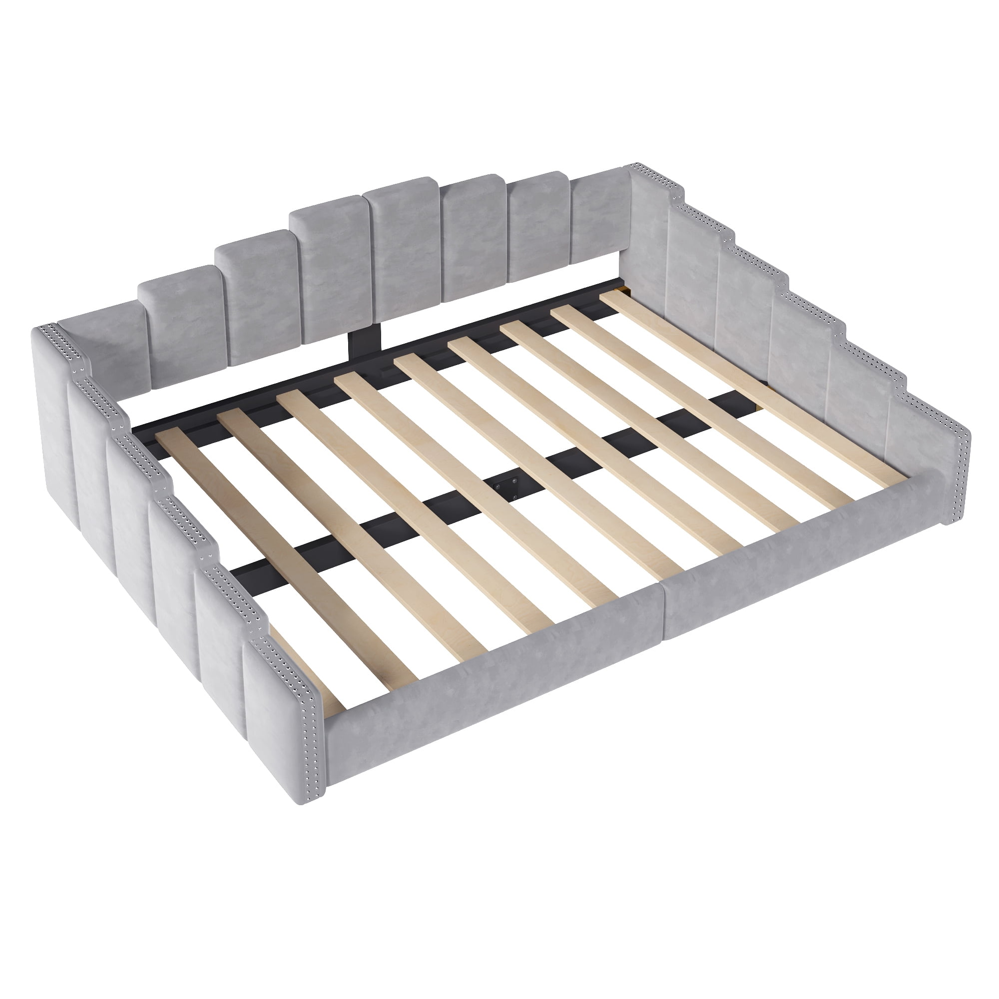 Euroco Upholstery Queen Size Daybed, Velvet Sofa Platform Bed with Nailhead Trim, No Box Spring Needed, Gray
