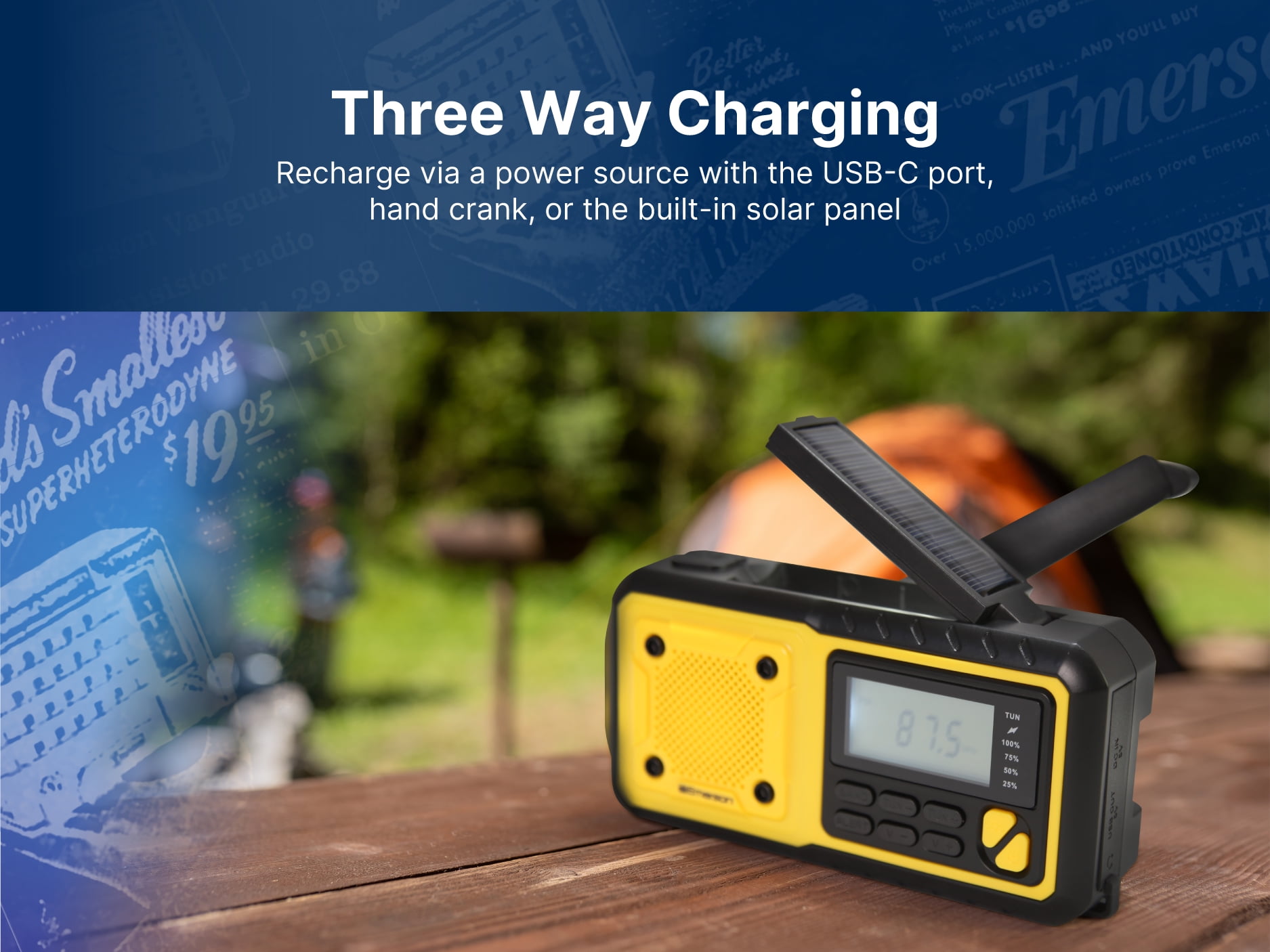 Emerson ER-7051 Emergency AM/FM Radio with Weather Band, Power Bank, and LED Emergency Light, Yellow