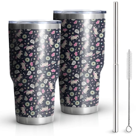 30oz Dark Blue Cartoon Unicorn Pattern Tumblers Stainless Steel Tumbler with Lid and Straw,Vacuum Insulated Double Wall Travel Tumbler Cups Mug with Cleaning Brush for Coffee,Tea