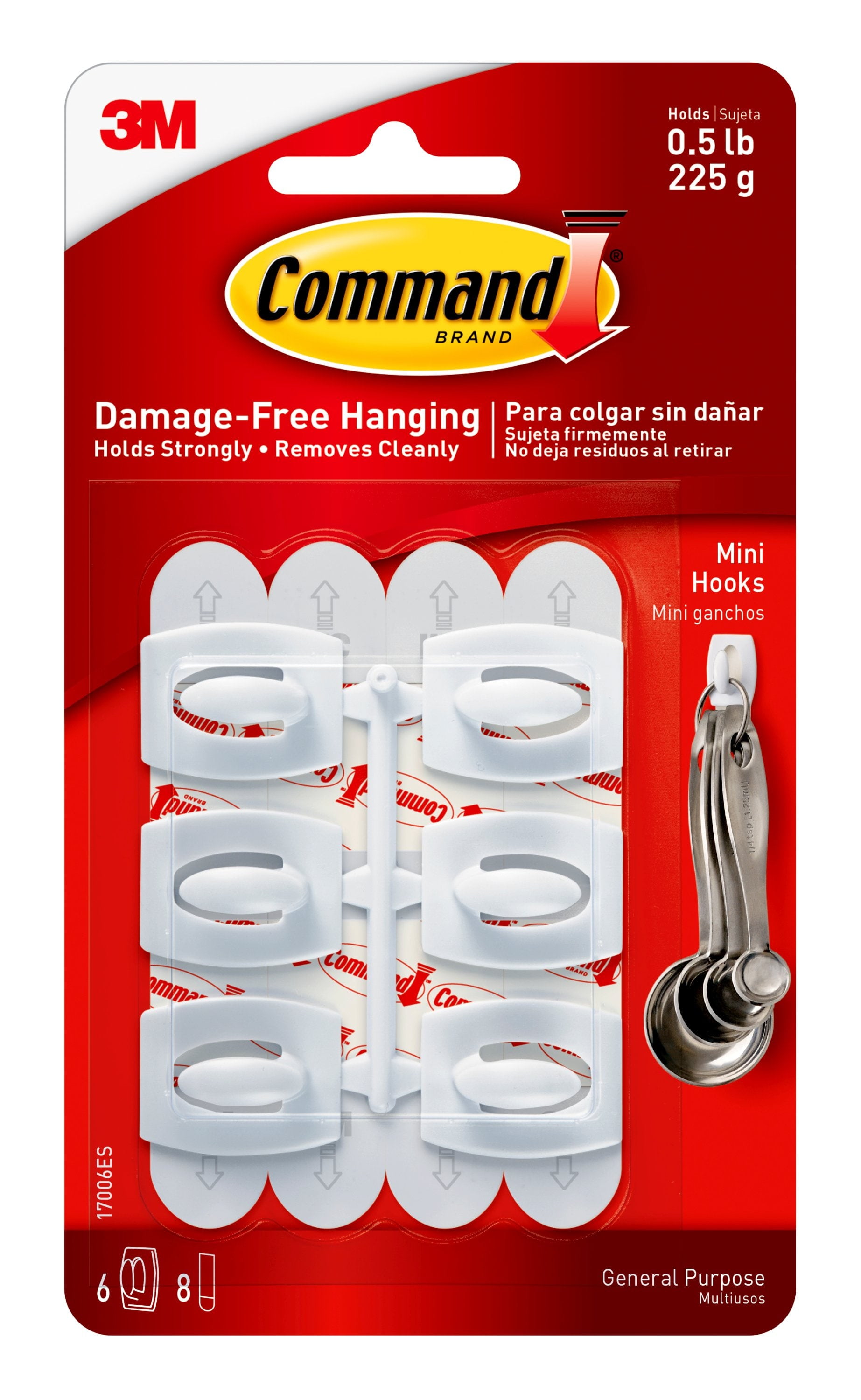 Command Mini Hooks, White, 6 Hooks, 8 Strips/Pack