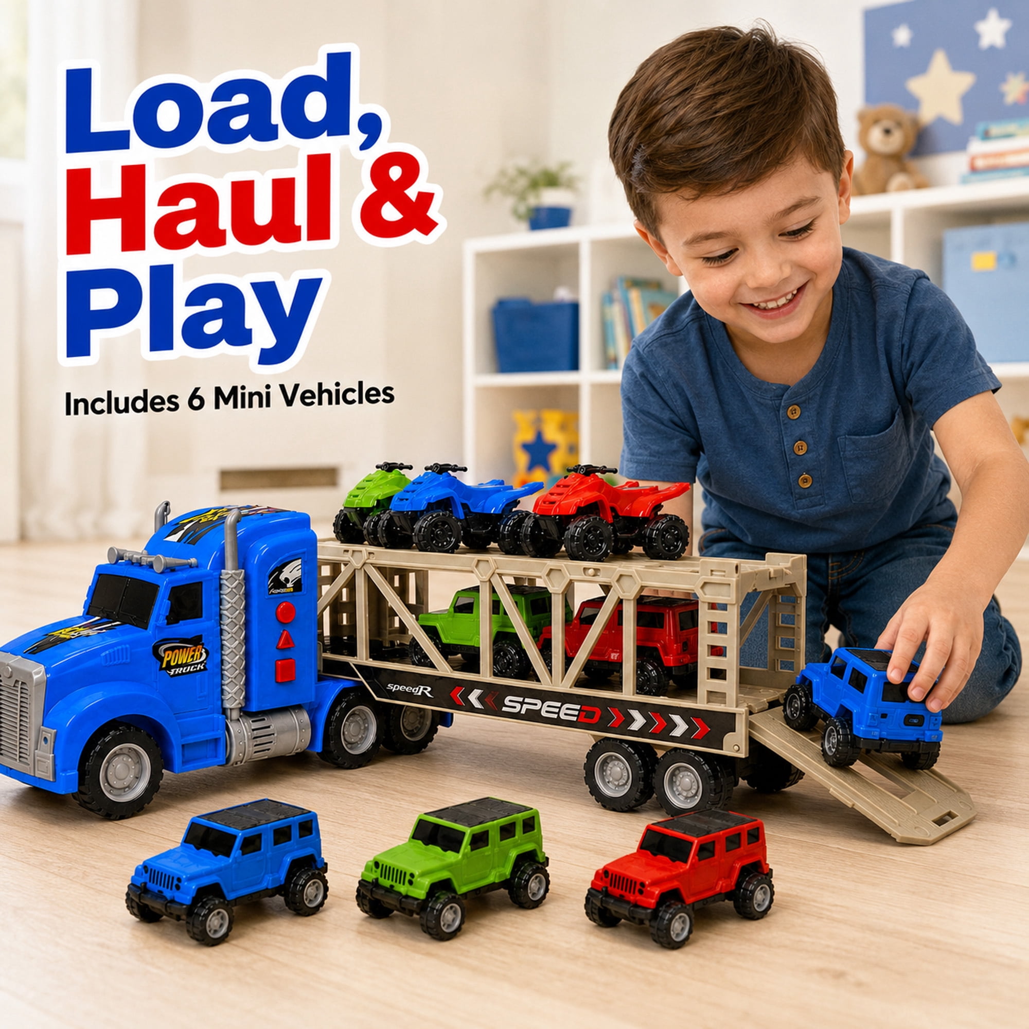 23-Inch Friction-Powered Car Carrier Truck Toy with 6 Mini Vehicles, Lights and Sounds, Detachable Trailer and Opening Rear Door