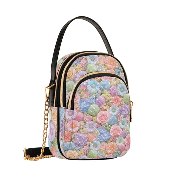 Women's Quilted Crossbody Bag Small Shoulder Tote Purse with 3 Zipper Pockets Colorful Floral Art