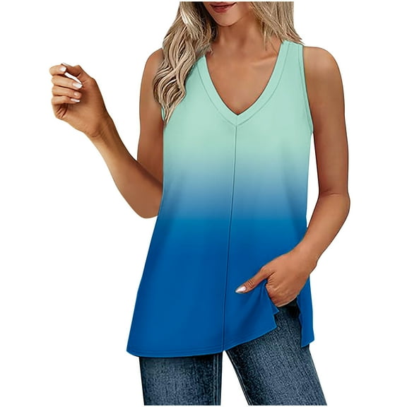 Women's Tank Tops Casual V Neck Sleeveless Shirt Blouses Side Split Gradual Change Tshirts Loose Fashion Vacation Cami Tunic Summer Clothing