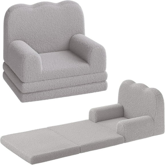 Kids Couch, 2-in-1 Convertible Teddy Fleece Fabric Toddler Sofa Chair, Soft Fold Out Couch Lounger for Kids, Comfy Children's Sofa Bed for Playroom, Nursery, Birthday Gift Comfy Toddler Chair & Lounge
