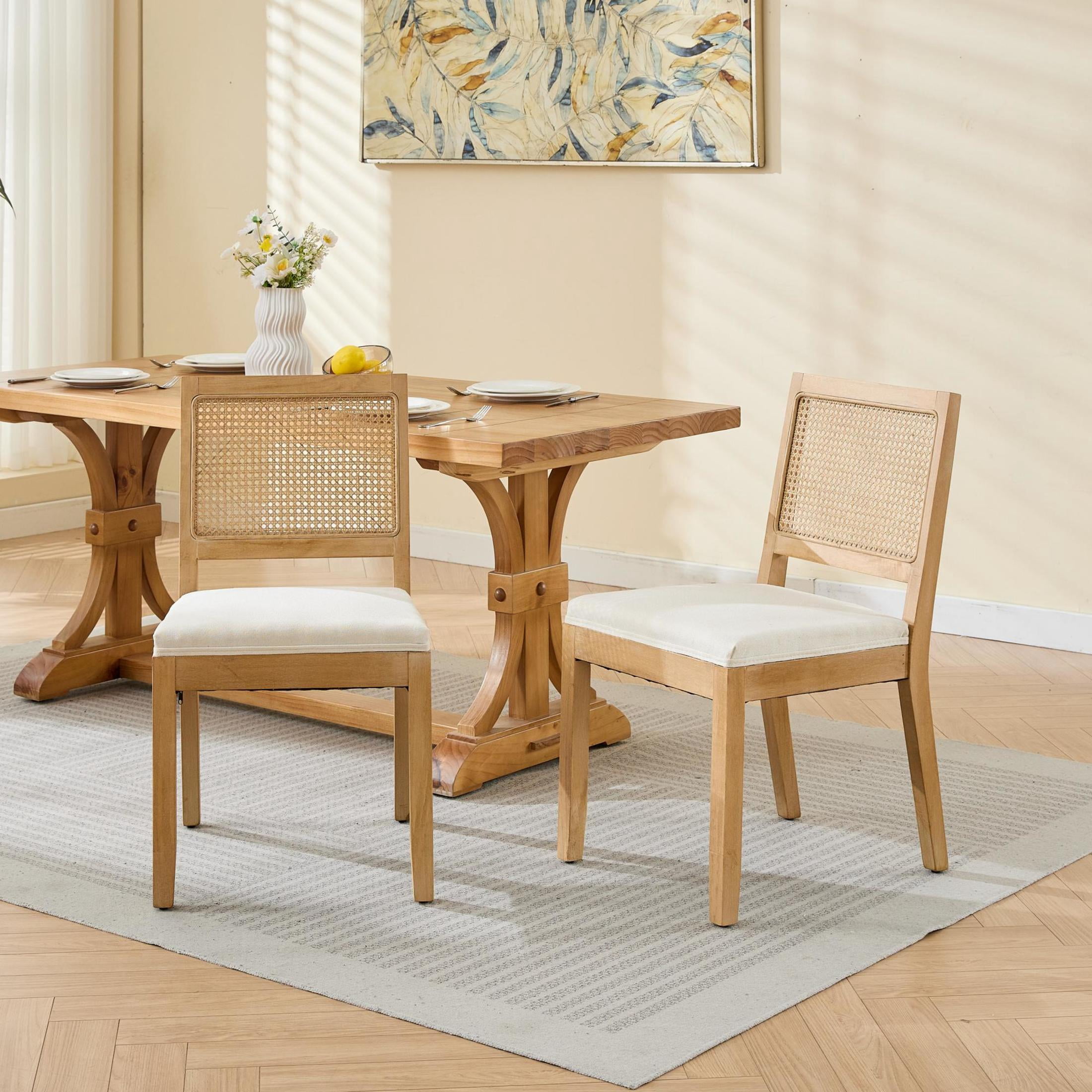 Noble House Set of 2 Farmhouse Dining Chairs with Cane Back, Rubberwood Frame, Beige