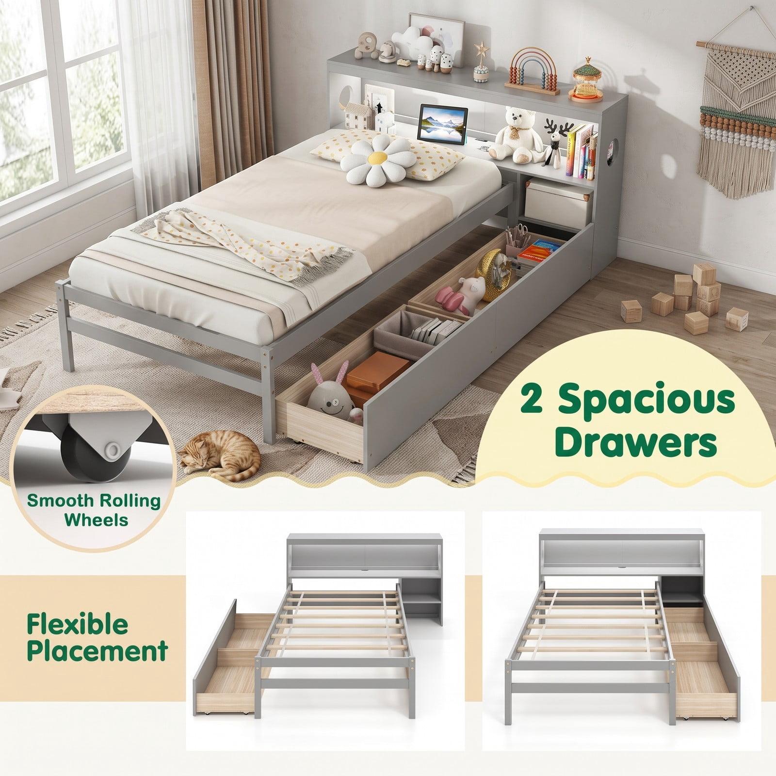 Furnibear Twin Bed Frame with Storage, Wood Bed Frame with LED Bookcase Headboard Nightstand and 2 Drawers for Bedroom, No Box Spring Needed, Gray