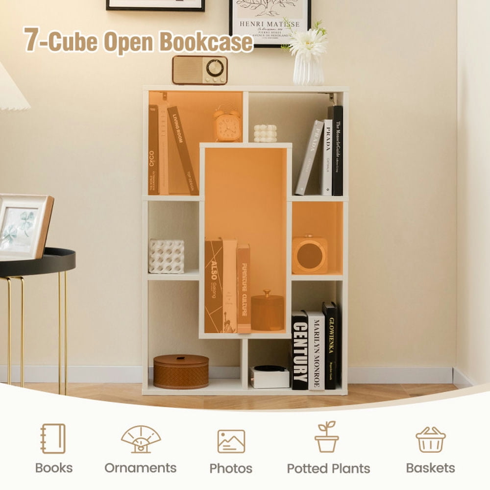 Resenkos Bookshelf,Shelf, Open Bookcase Book Shelf,Storage Shelf Unit Plant Stand,7-Cube Geometric Bookshelf Modern Decorative Open Bookcase-White