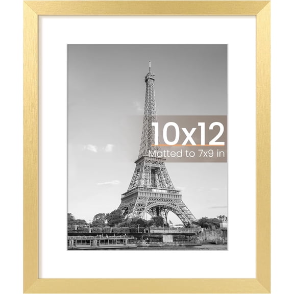 10x12 Picture Frame, Display Pictures 7x9 with Mat or 10 x 12 Without, Wall Hanging Photo Frames, Gold, 1 Pack