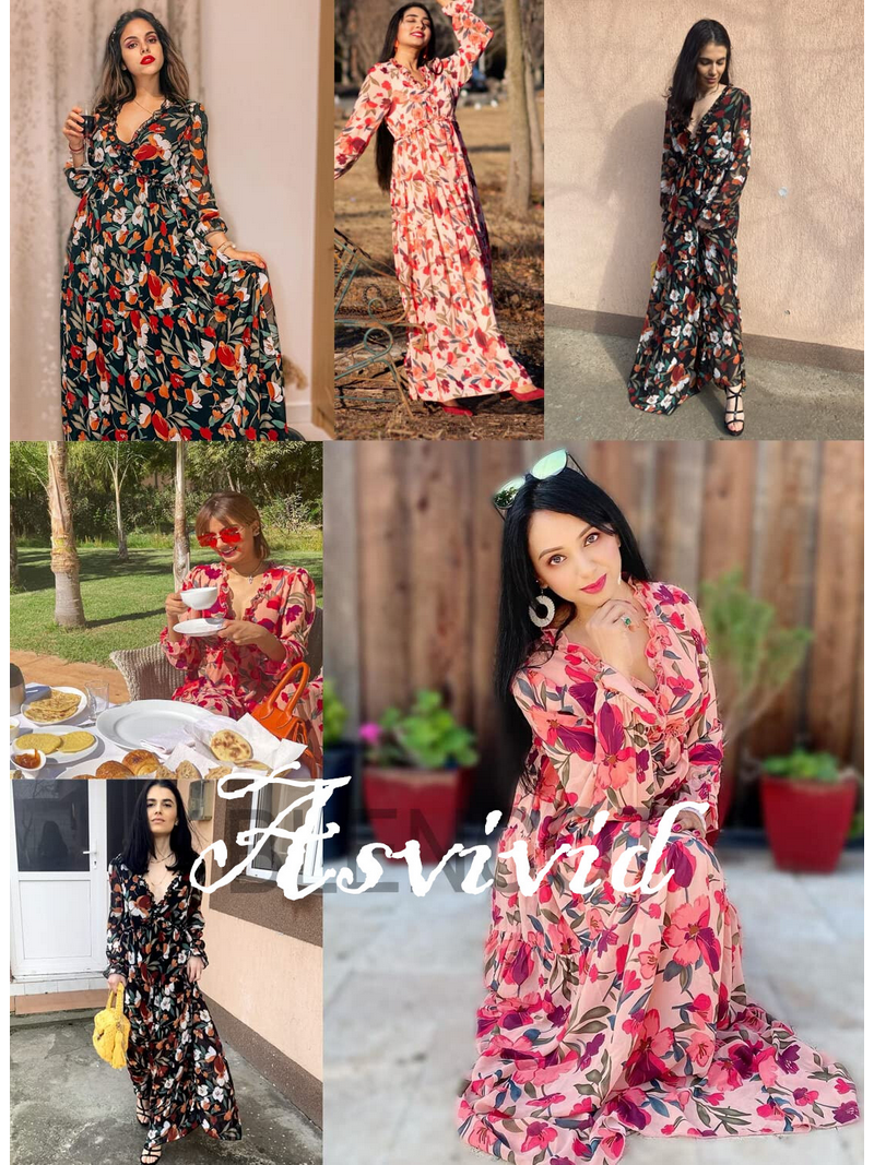 ワンピース Winter Floral Long-sleeve Dress 2024 Autumn Winter Vintage Women Maxi Dresses Floral Chiffon