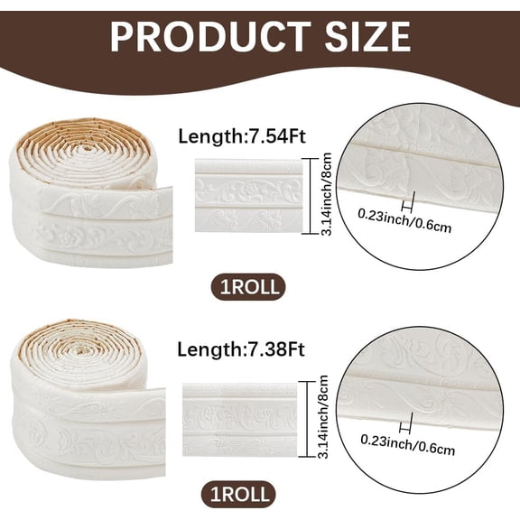 2 Styles 177x3.14x0.24'' Peel and Stick Wallpaper 3D Border Crown Molding White Self Adhesive Flexible Baseboard Trim Waterproof Mirror Sticky Wall Edging Base Lines Foam for Home DIY Decor
