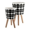 thumbnail image 2 of Set of 2 Geometric Planters on Stands - Resin & Wood Mid-Century Modern Plant Pots for Indoor/Outdoor Home & Garden Decor - 12" & 10", Black & White G, 2 of 13
