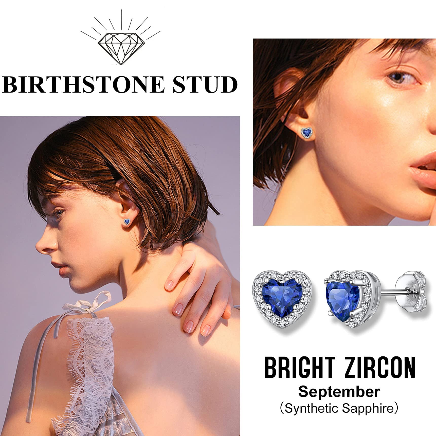 Bestyle Birthstone Stud Earrings for Women, Pure 925 Sterling Silver Heart Created Diamond Studs Earrings Wedding Graduation Birthday Gifts - September