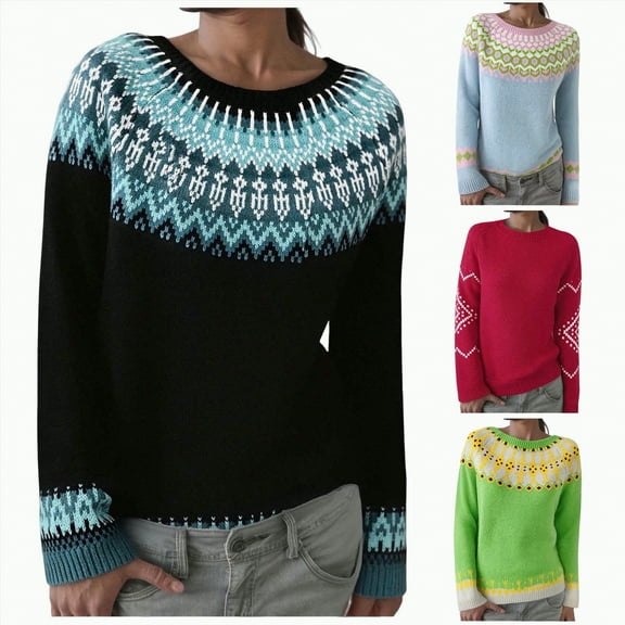 vigerkar Fair Isle Sweater for Women Knit Retro Winter Fall Casual Loose Crewneck Long Sleeve Lightweight Pullover (Sky Blue, XXL)