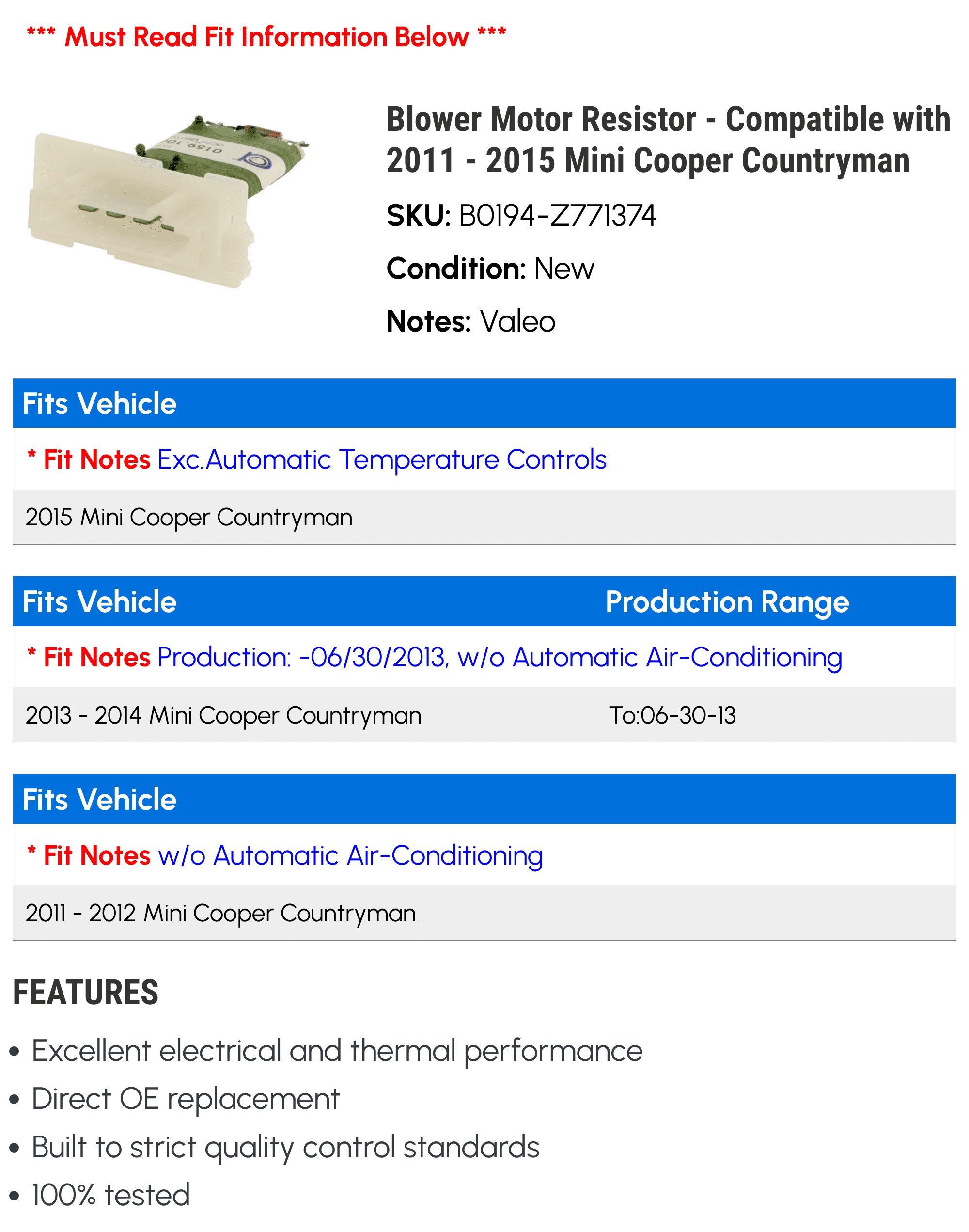 Blower Motor Resistor - Compatible with 2011 - 2015 Mini Cooper Countryman 2012 2013 2014