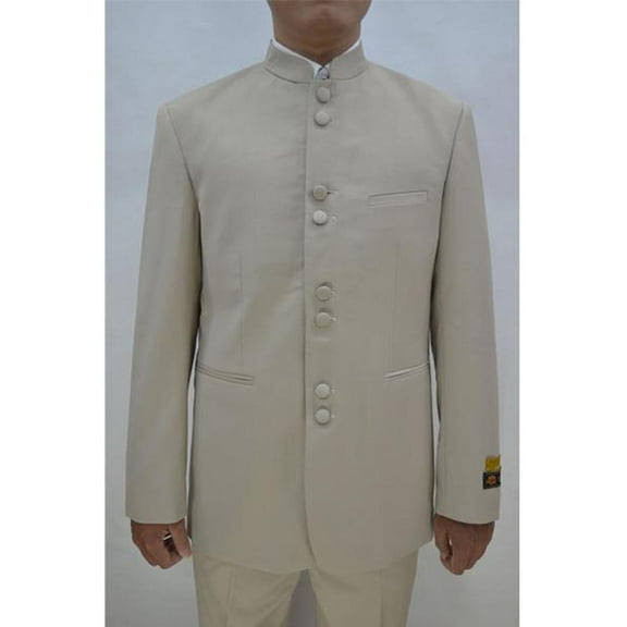 Mens Eight Button Mandarin Banded CollarTan Suits