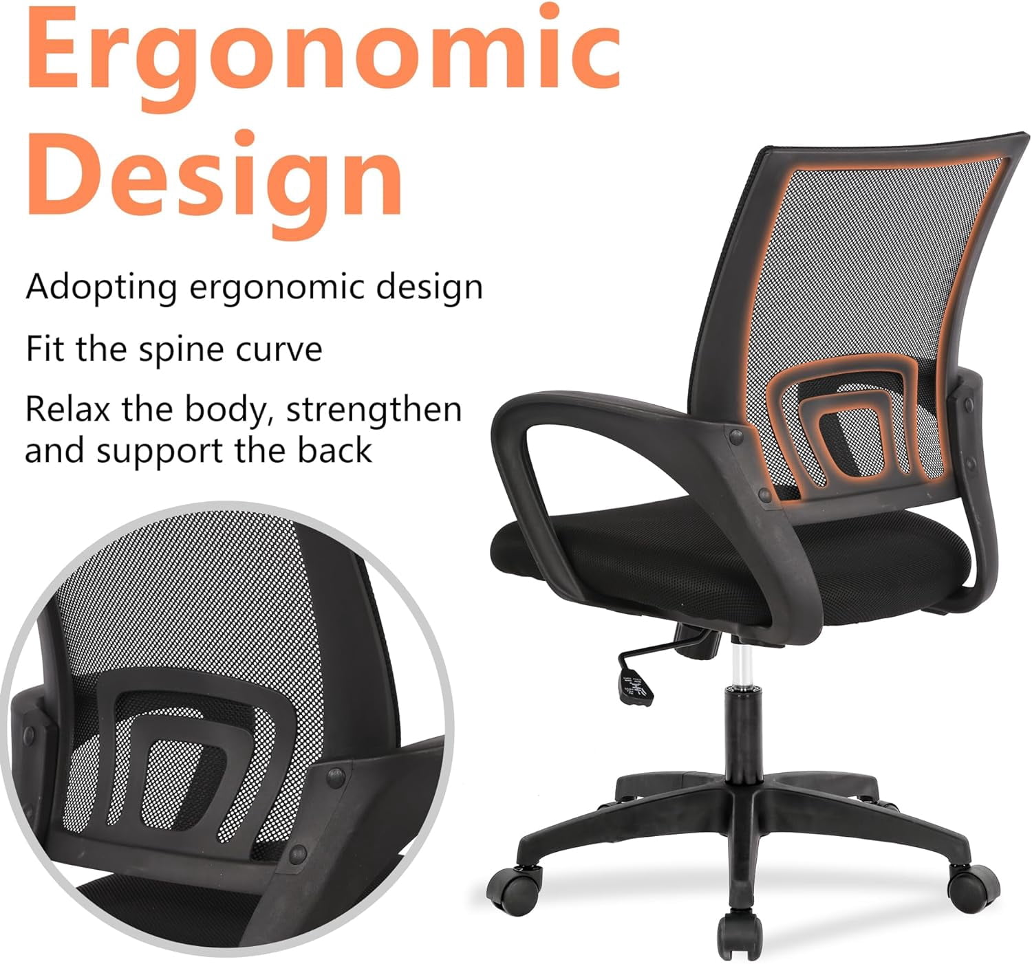 Ergonomic Office Chair Black | Mesh Foam Back with Lumbar Support, Adjustable Height, 360 Swivel, Armrests & High Density Sponge Cushion | Computer Chair For Home, Office | Pack of 2