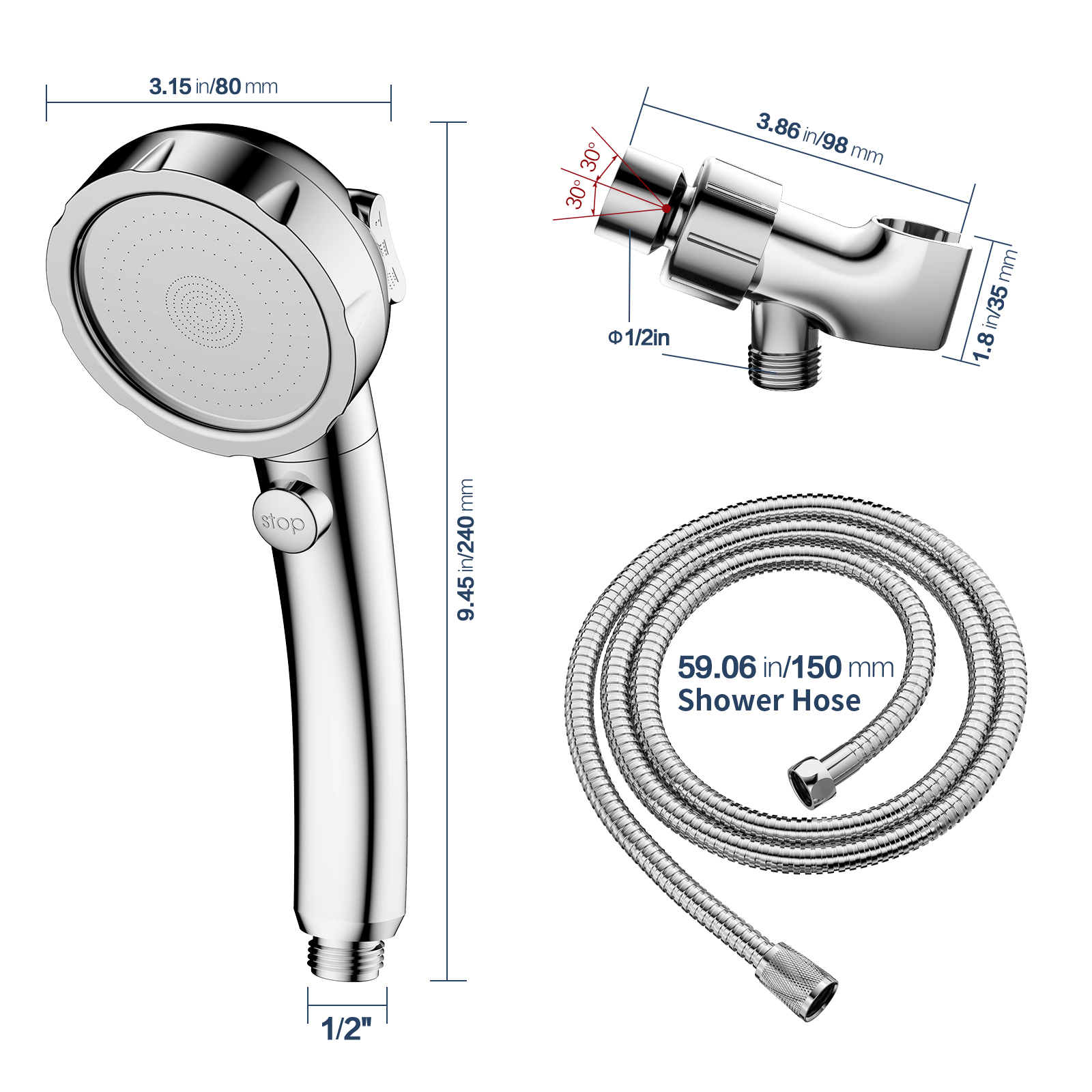 KAIYING Shower Head with Handheld Nozzle, 3 Spray Modes, Detachable, Hose, Adjustable Angle, Chrome