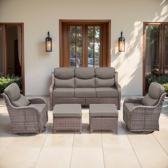 Jentlehouse 5-Piece Outdoor Patio Furniture Set,Rattan Patio Set Outdoor 3-Seat Couch Set with Swivel Chairs and Ottomans,Outdoor Conversation Furnitures for Porch Balcony Deck