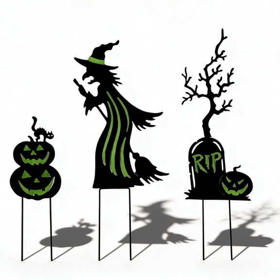 3 Pack Halloween Yard Signs, Glow in the Dark Metal Stakes, Witch Tombstone Cauldron, Waterproof Outdoor Lawn Decor