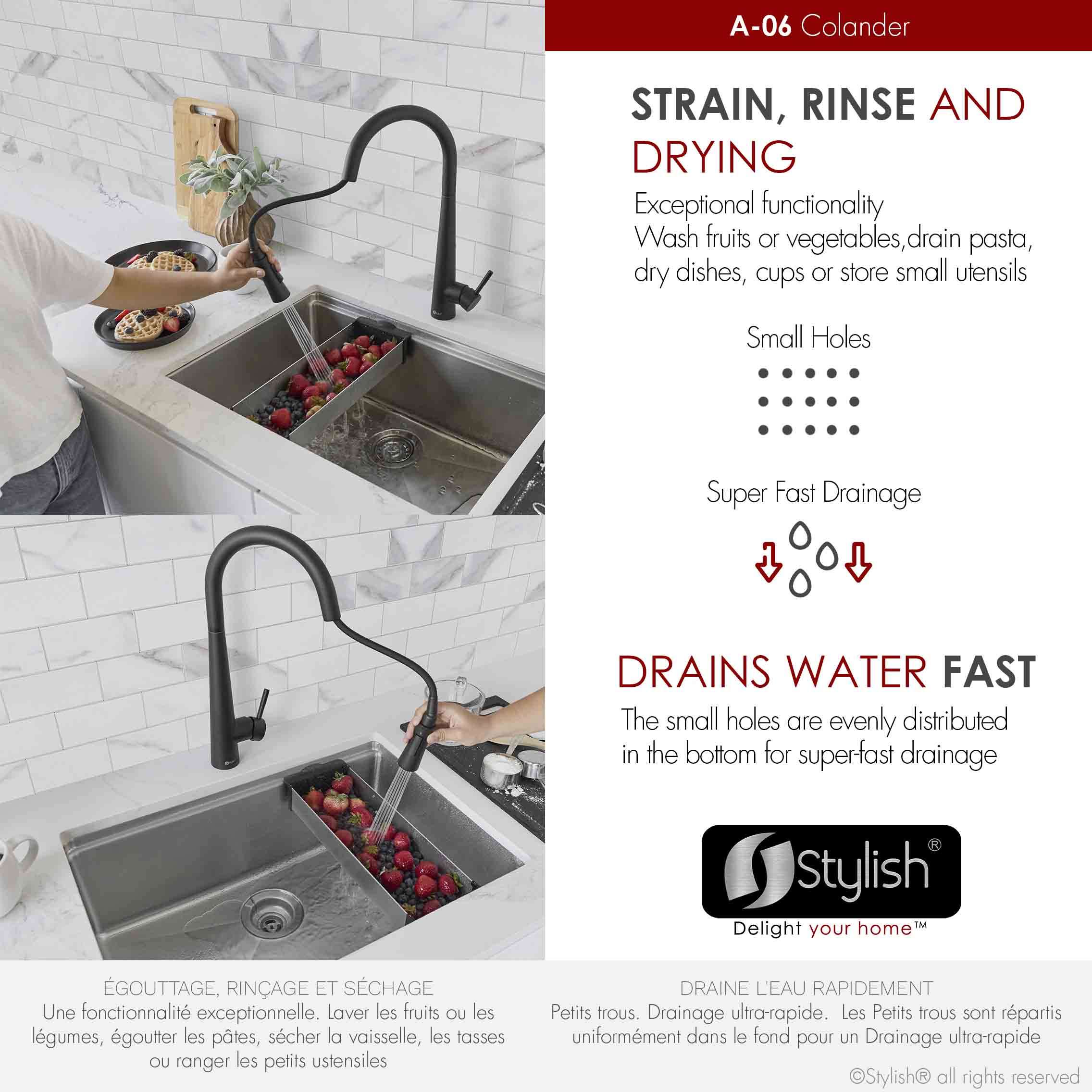 Stylish Stainless Steel Colander (16 ⅞" x 5 ½"), Black Silicone Drying Rack (16 ¾" x 13 ⅛") & Black Cutting Board (16 ⅞" x 11"), A-918KIT