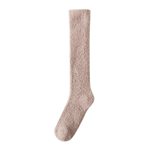 Xfvqtps Womens Knee High Socks Coral Fleece Solid Color Simplicity Thickened Comfortable Soft Cozy Indoor Sleep Warm Winter Fluffy Socks Khaki