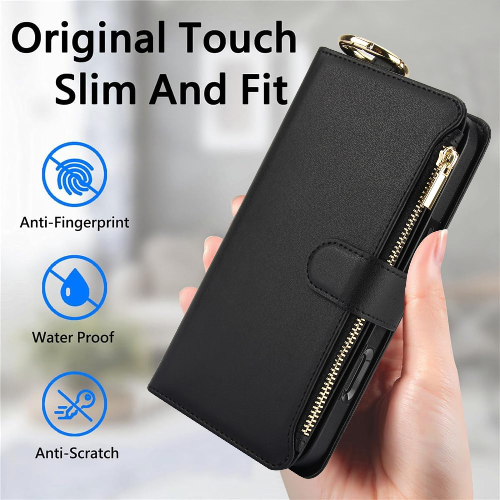 ELEHOLD For iPhone 13 Pro Max Phone Case Leather Crossbody Zipper Card Wallet Flip Case Kickstand Cover, with Ring Holder,Full Body Protection-Black