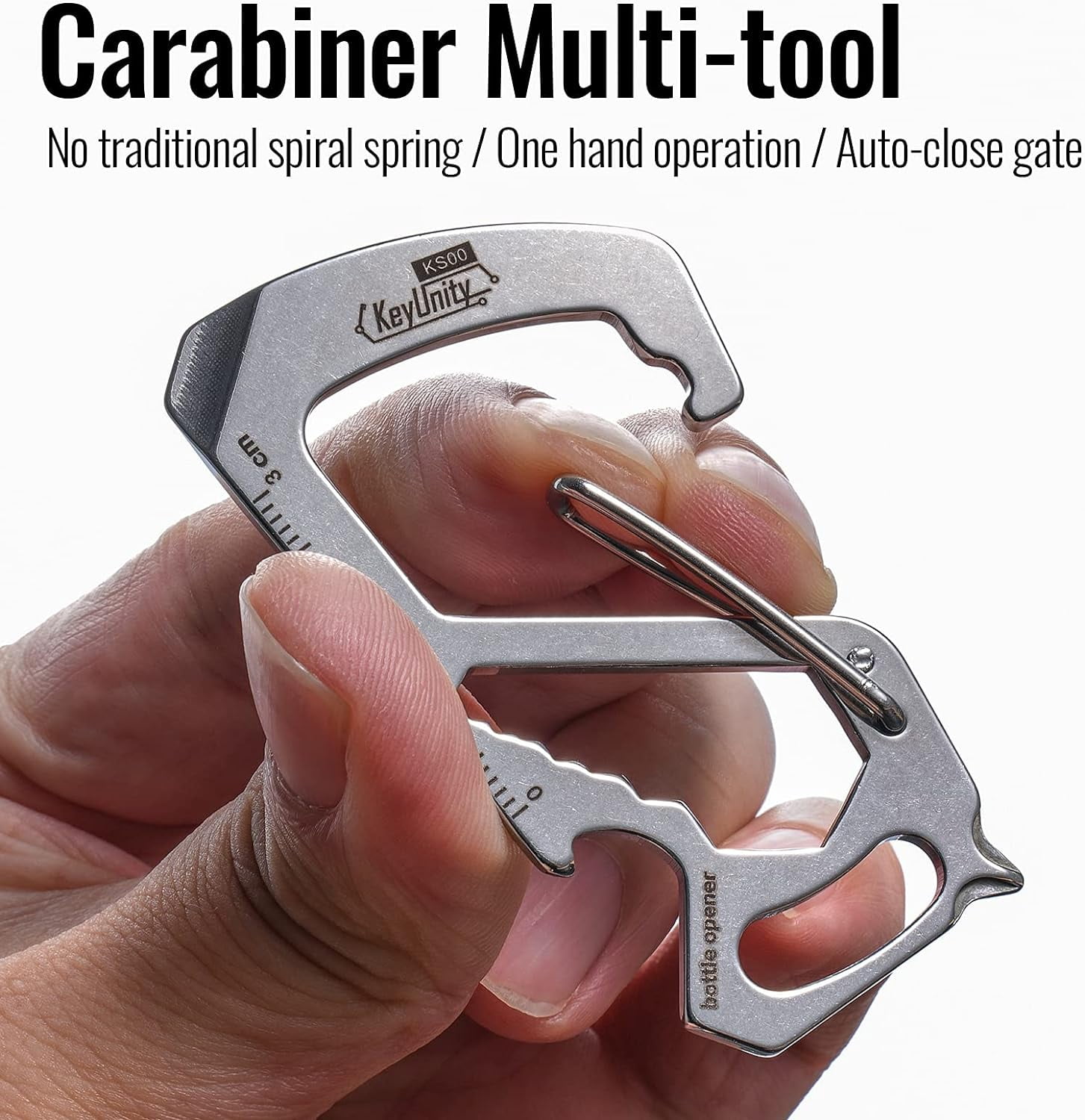KS00 Carabiner Clip Multitool Stainless Steel 7 Tools in 1, Quick Release Clasp, Wrench, Cross Screwdriver, Slotted Bottle Opener, Ruler, Key Holder (Silver)