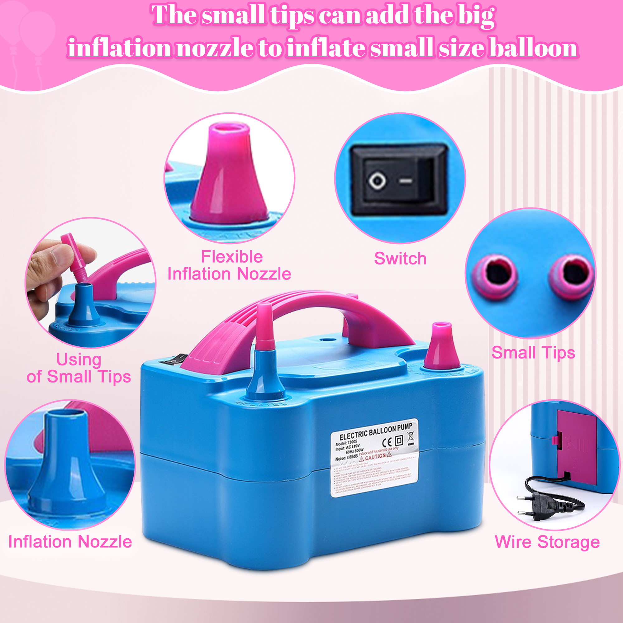IZNEN Electric Balloon Pump, Portable Dual Nozzle Blower Air Balloon Pump & Inflator for All Balloons Party Wedding Decoration 110V, 600W, Blue - image 5 of 7