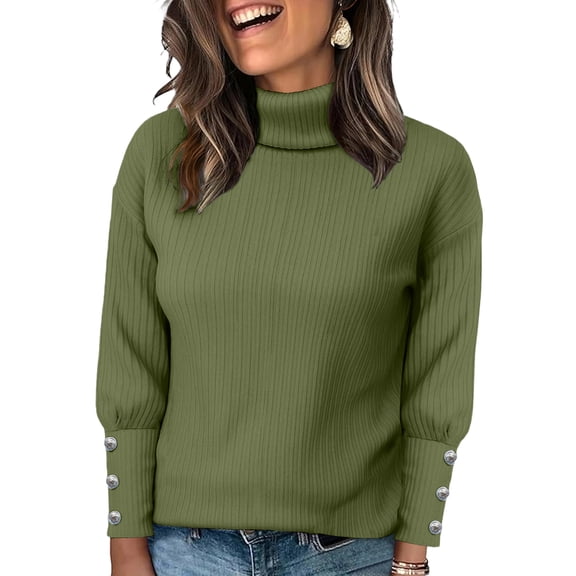 Women's Turtleneck Sweaters Fall Fitted Long Sleeve Pullover Sweater Ribbed Knit Basic Tops Army Green L