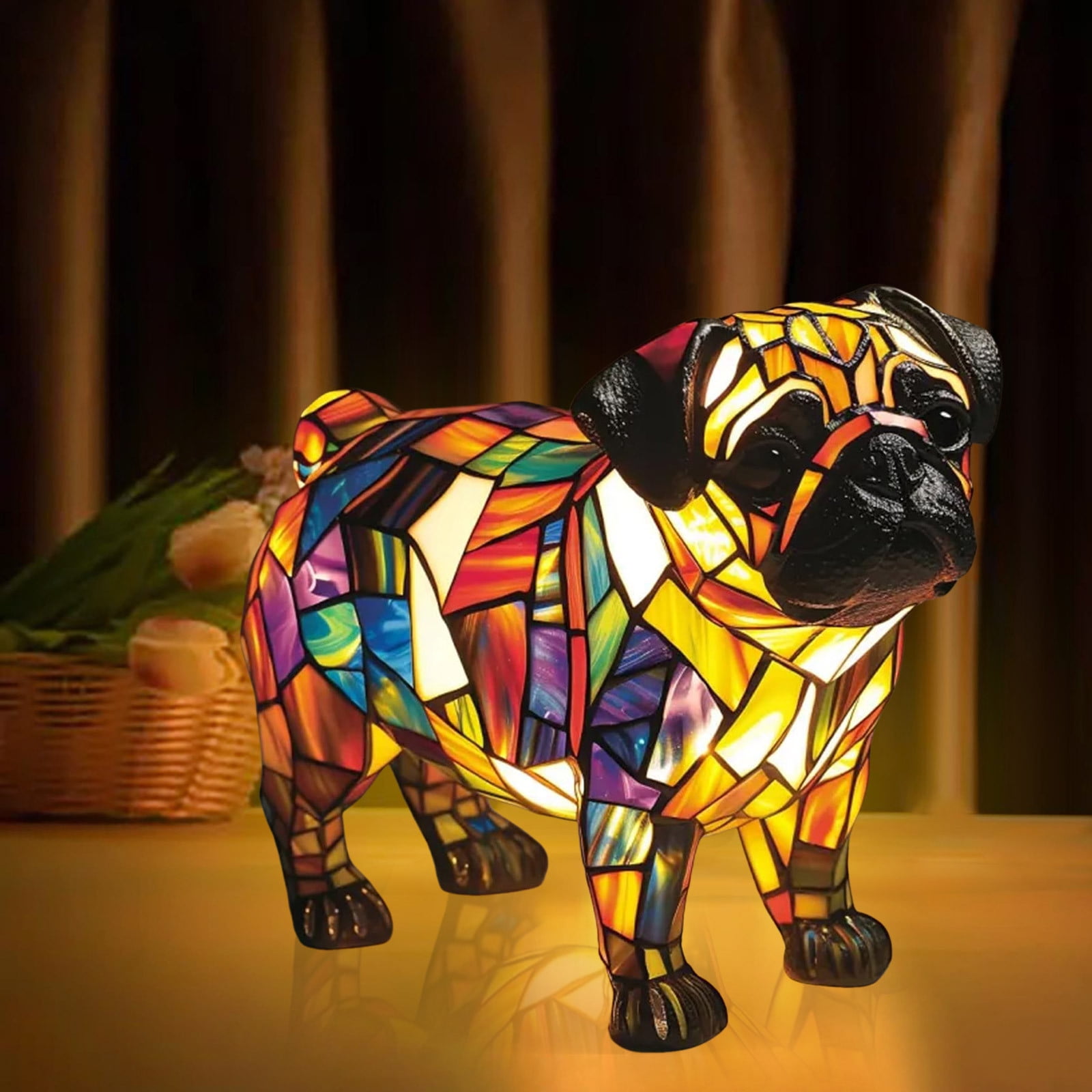Dog Series Pug Lamp Stained Glass LED Night Light with Soft Warm Glow