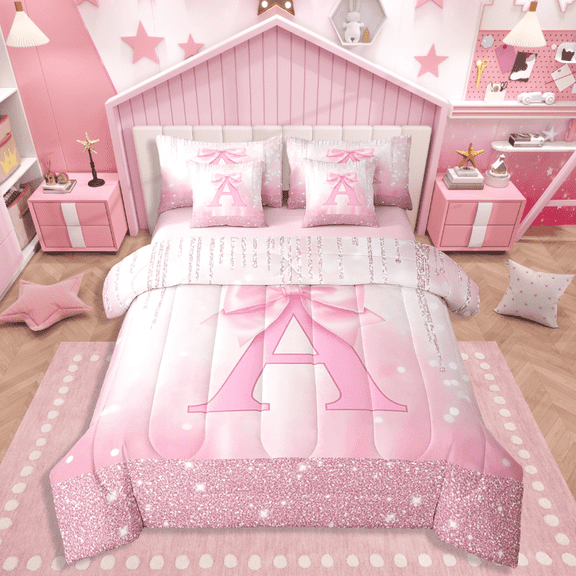 Castle Fairy A Personalized Initial Twin Bedding Sets 7-Piece for Girls,Princess Ribbon Bow Bedding Comforter Set,Pink Reversible,Luxury Bedroom Decor