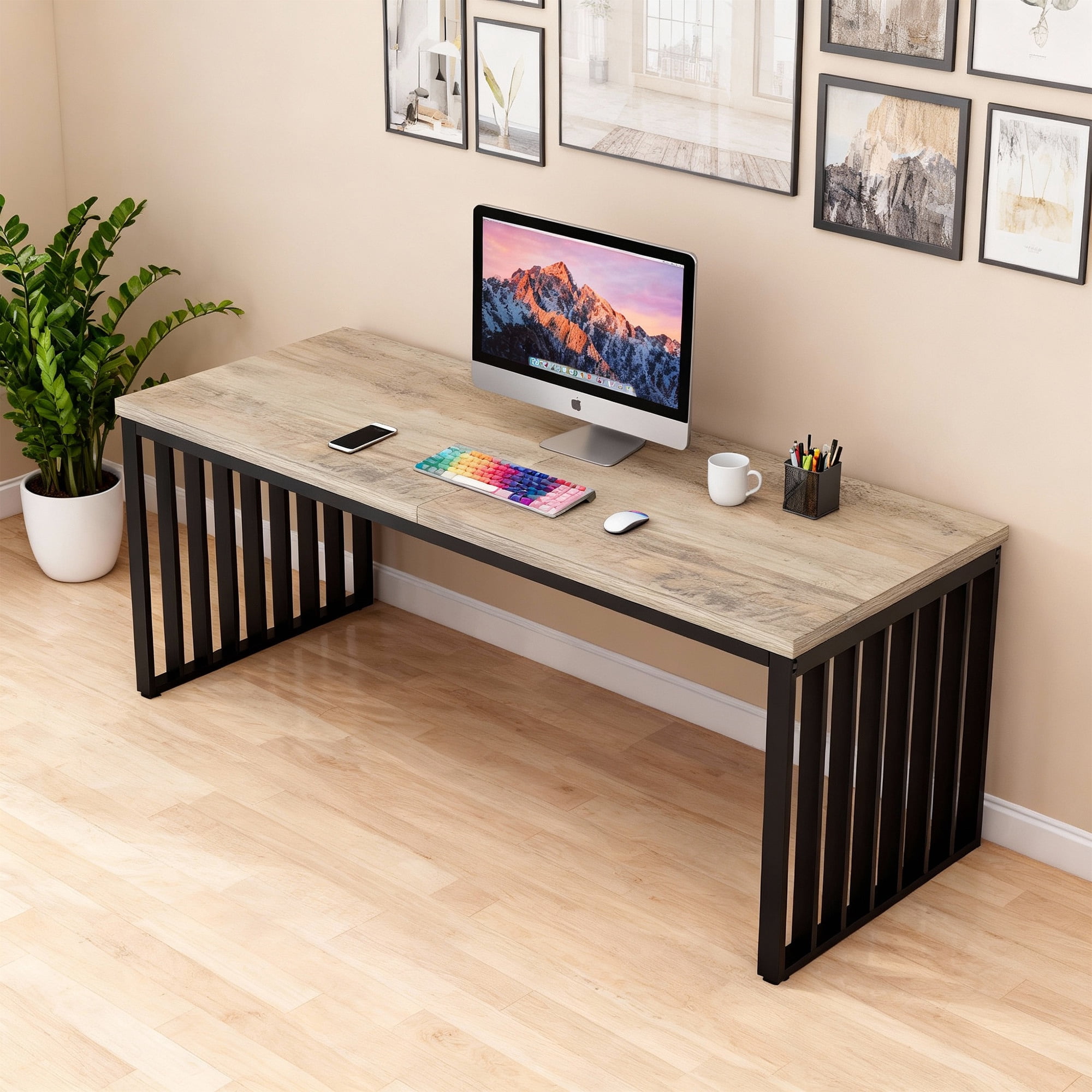 KIOOTTO 79" Two Person Executive Desk, Extra Long Double Computer Workstation with Metal Frame, Brown