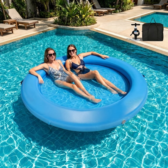 Pirecart Inflatable Water Hammock, Round Pool Floats for Lake River, Heavy Duty Swimming Platform for 2-3 Adults with Pump & Storage Bag, Blue
