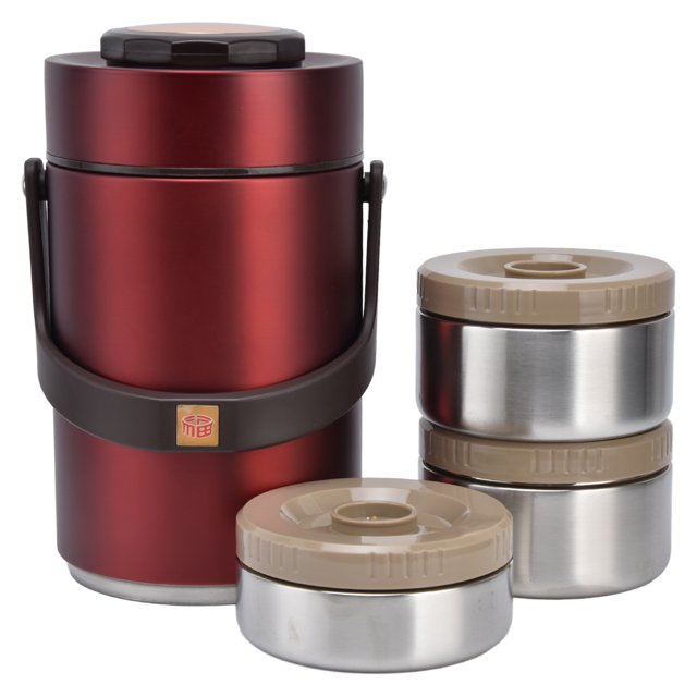 Insulated Food Container, Vacuum Lunch Box 3 Layers Comfortable Handle Portable Prevent Leakage For Travel For Work Red