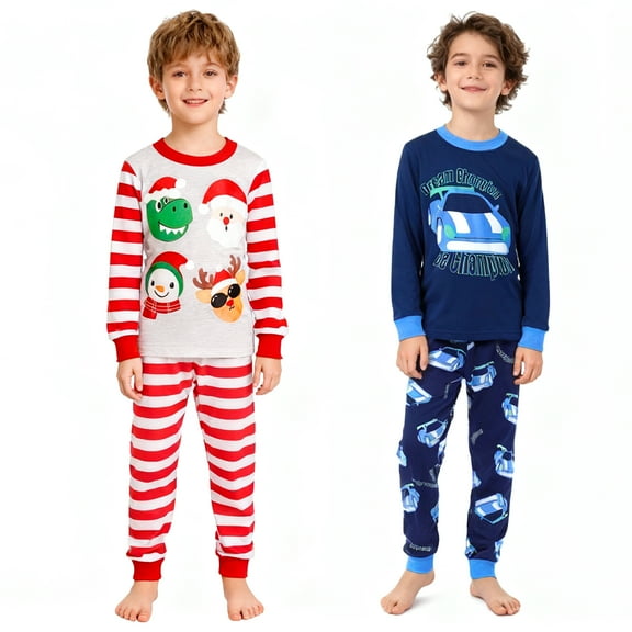 ELUTONG Boy's Christmas Pajamas，2 Sets of Kids' Cotton Long Sleeve Sleepwear with Santa Claus、Car and Astronaut for Boys Girls 2-12T