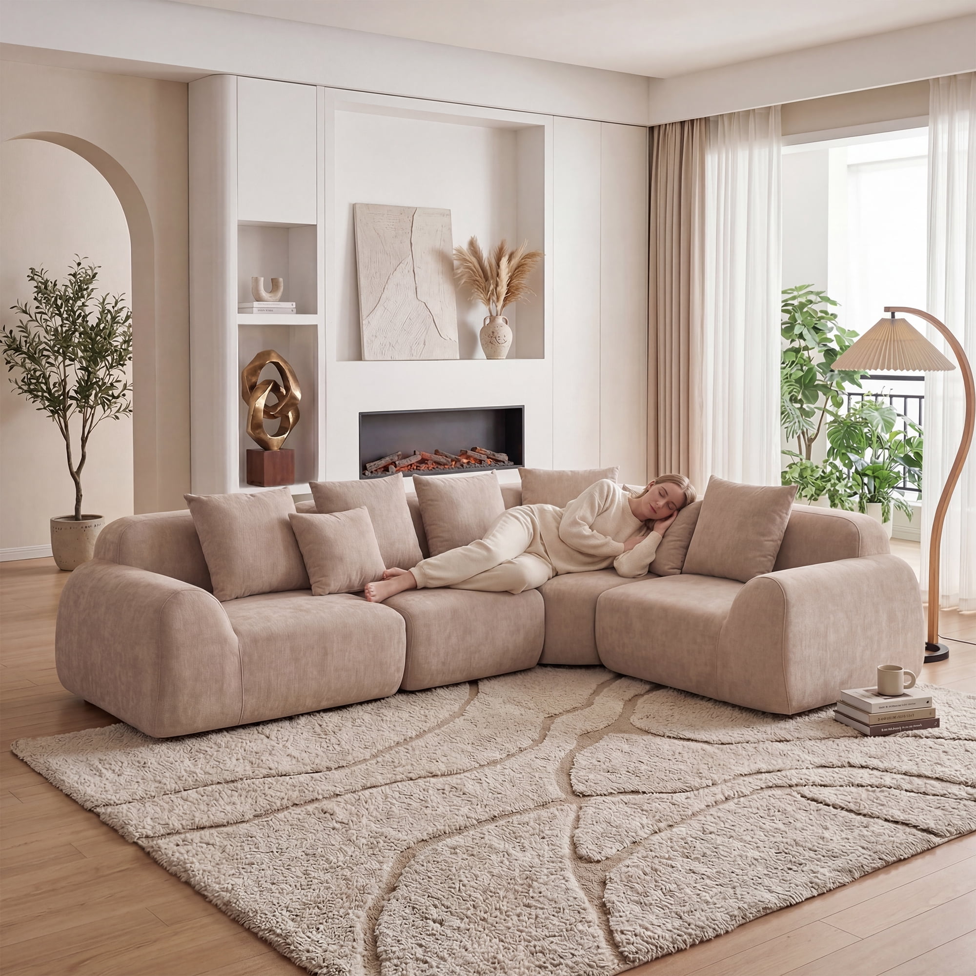 Leumius 116'' Cloud Modular Sectional Sofa,Upholstered Boneless Couch with Memory Foam for Living Room,No Assembly Required,Beige