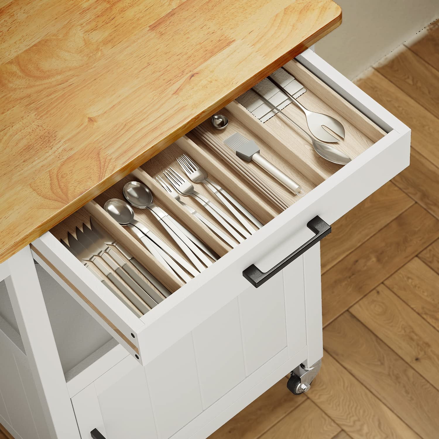 Microwave Stand, Lofka Kitchen Island Cart with Cabinet, Microwave Cart with Storage Drawer, Towel Rack, Hooks, White(Carrito de isla de cocina)