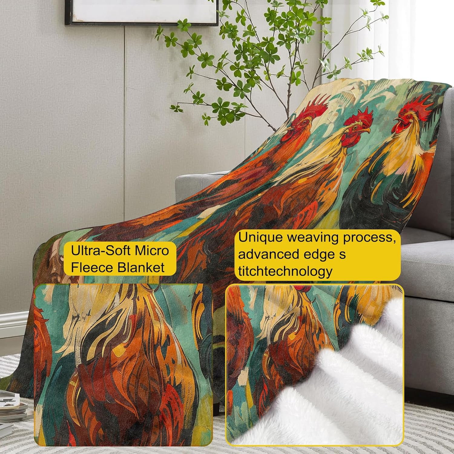 Rooster Throw Blanket Gifts, Soft Cozy Fleece Blanket with Colorful Farmhouse Chicken Print, Lightweight Warm Blanket for Couch Bed Sofa, Perfect for Country Decor and Bird Lovers, 50x60 in