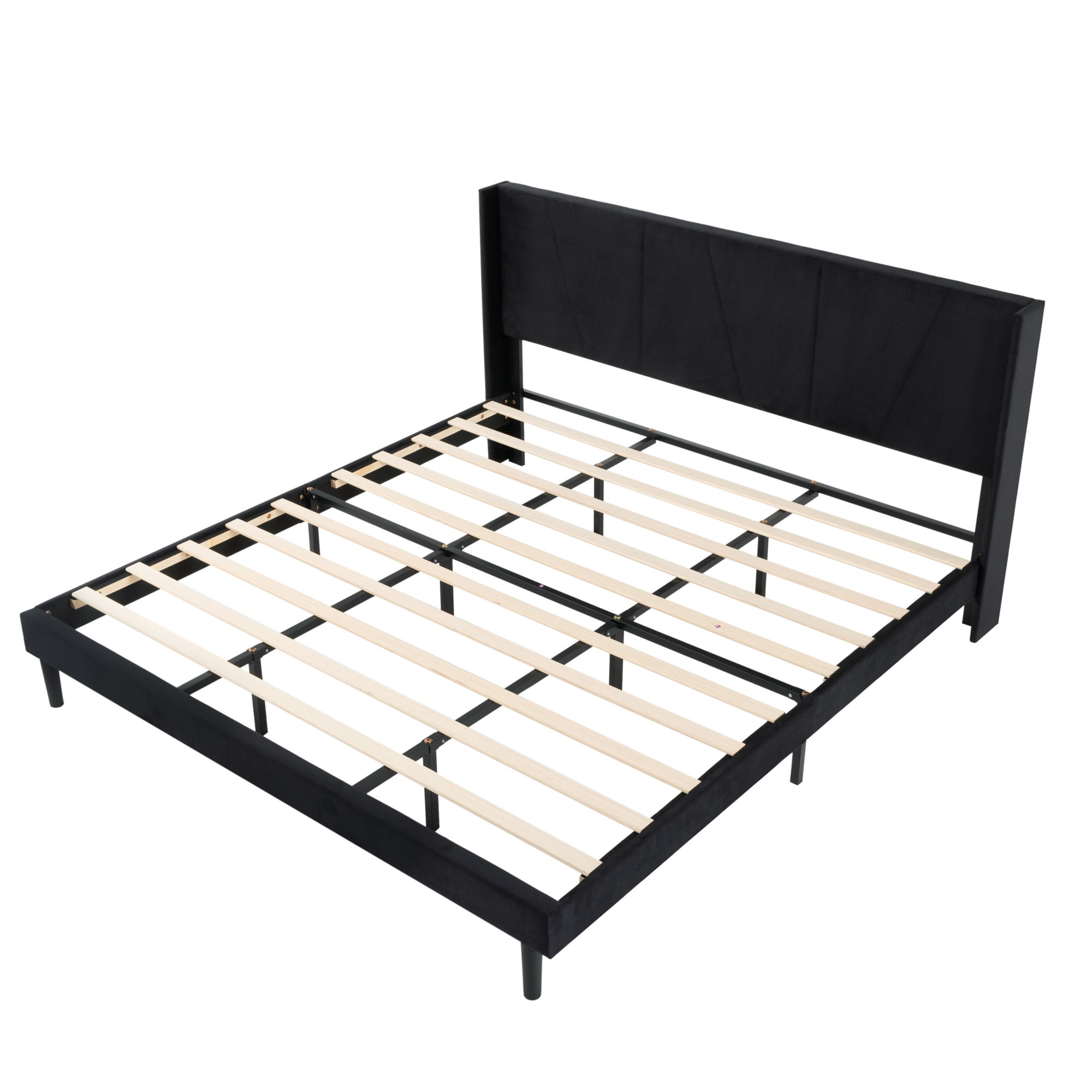 Gewnee King Size Bed Frame,Velvet Upholstery Platform Bed with Headboard,No Box Spring Needed,Black