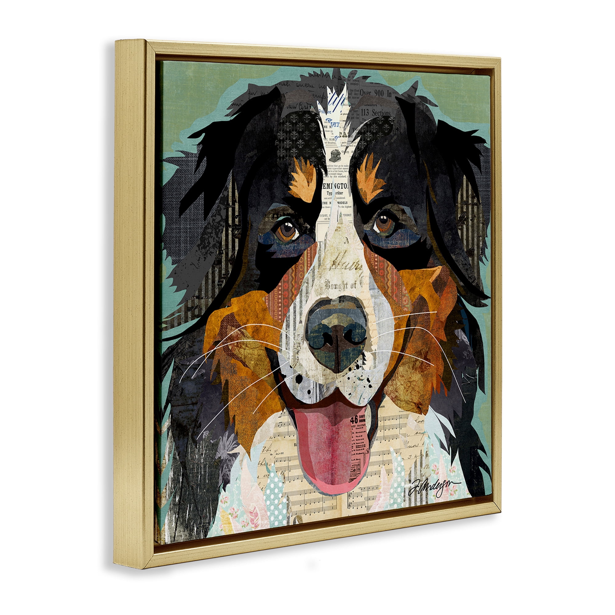 Stupell Industries Bernese Mountain Dog Collage Animals & Insects Painting Gold Floater Framed Canvas Art Print Wall Art, 25 x 25