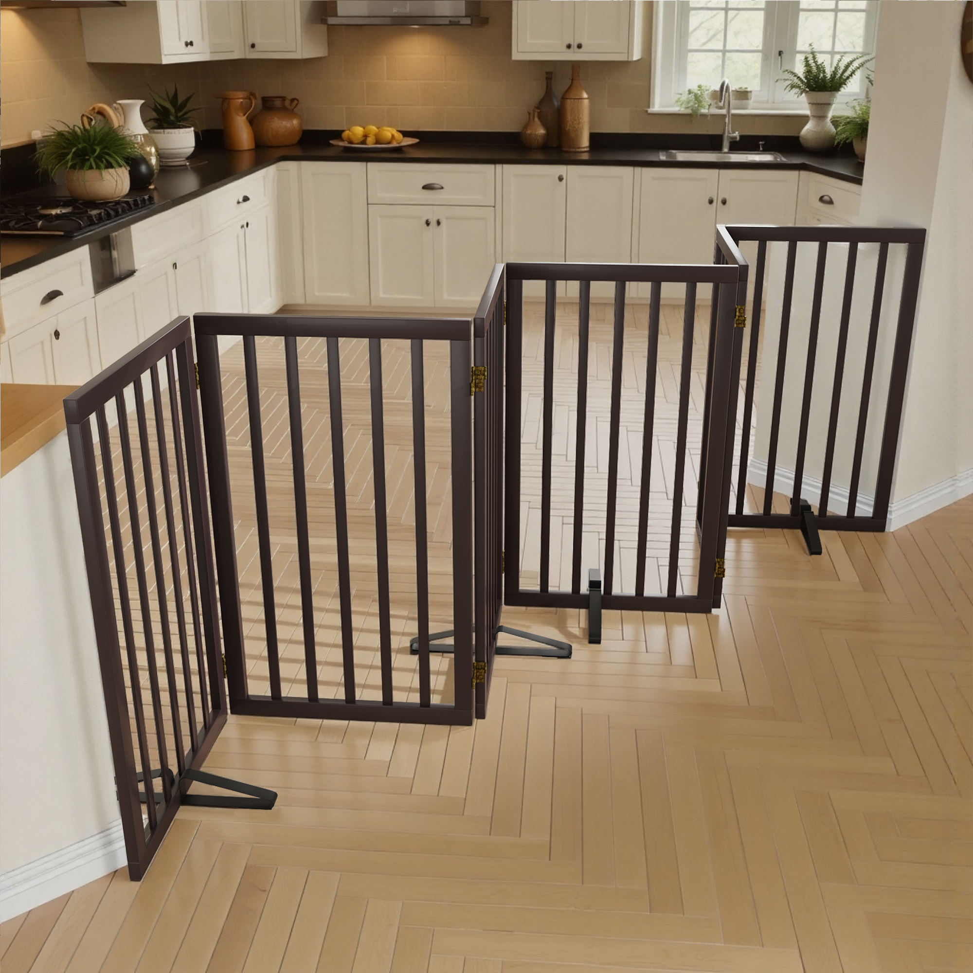 Smart FENDEE 6 Panel Foldable Bamboo Freestanding Pet Gate with Dog Gate, Expands to 110 in Wide