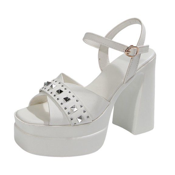 Women's Platform Sandals Fashion Studded Chunky Block Heels Ankle Strap High Heels Open Toe Casual Dressy Party Shoes White Size 9