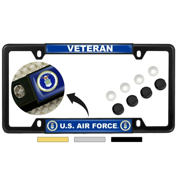 [Officially Licensed Product] - USAF - U.S. Air Force Veteran - Domed Custom-Made Personalized Narrow (Thin) Top 4 Hole Metal Car License Plate Frame with Free caps - Black Frame (Qty: 1)